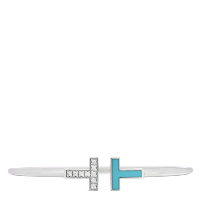 Tiffany 18K White Gold Diamond Turquoise T Wire Bracelet 1 of 4