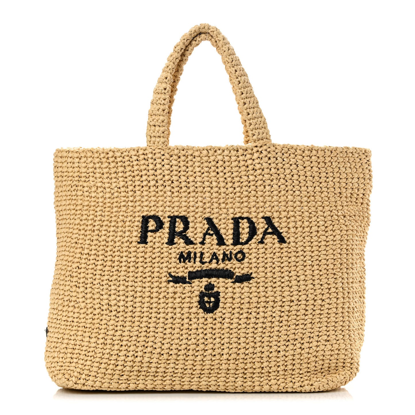 Yarn Raffia Effect Crochet Embroidered Logo Tote Naturale