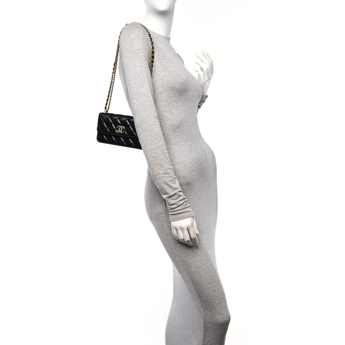 Lambskin Quilted Dynasty Flap Phone Holder With Chain Black