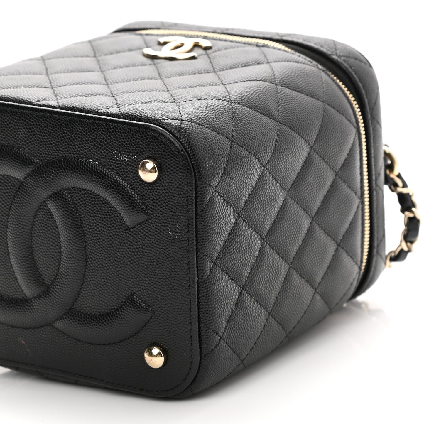 Caviar Quilted Small Top Handle Vanity Case With Chain Black