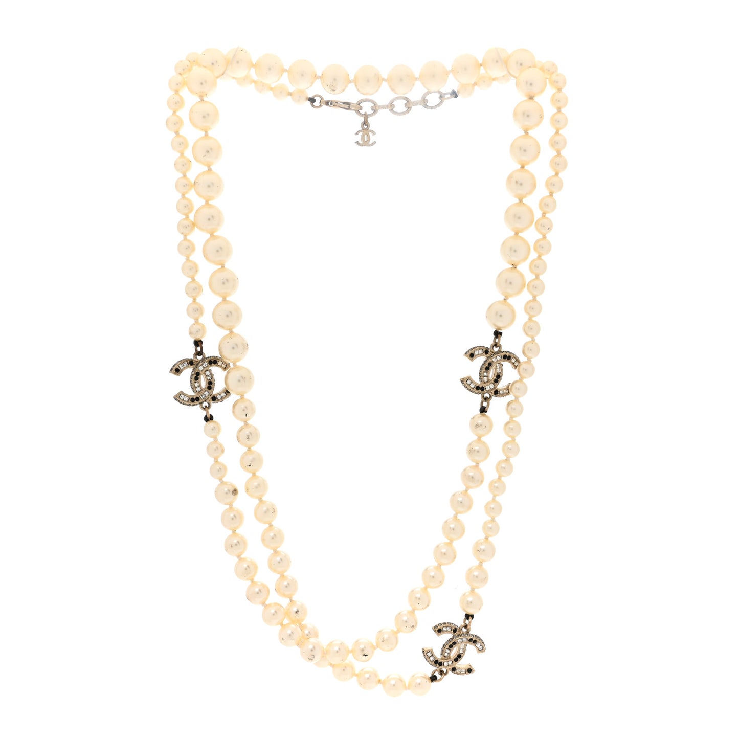 Graduated Pearl Crystal CC Long Necklace Black Gold