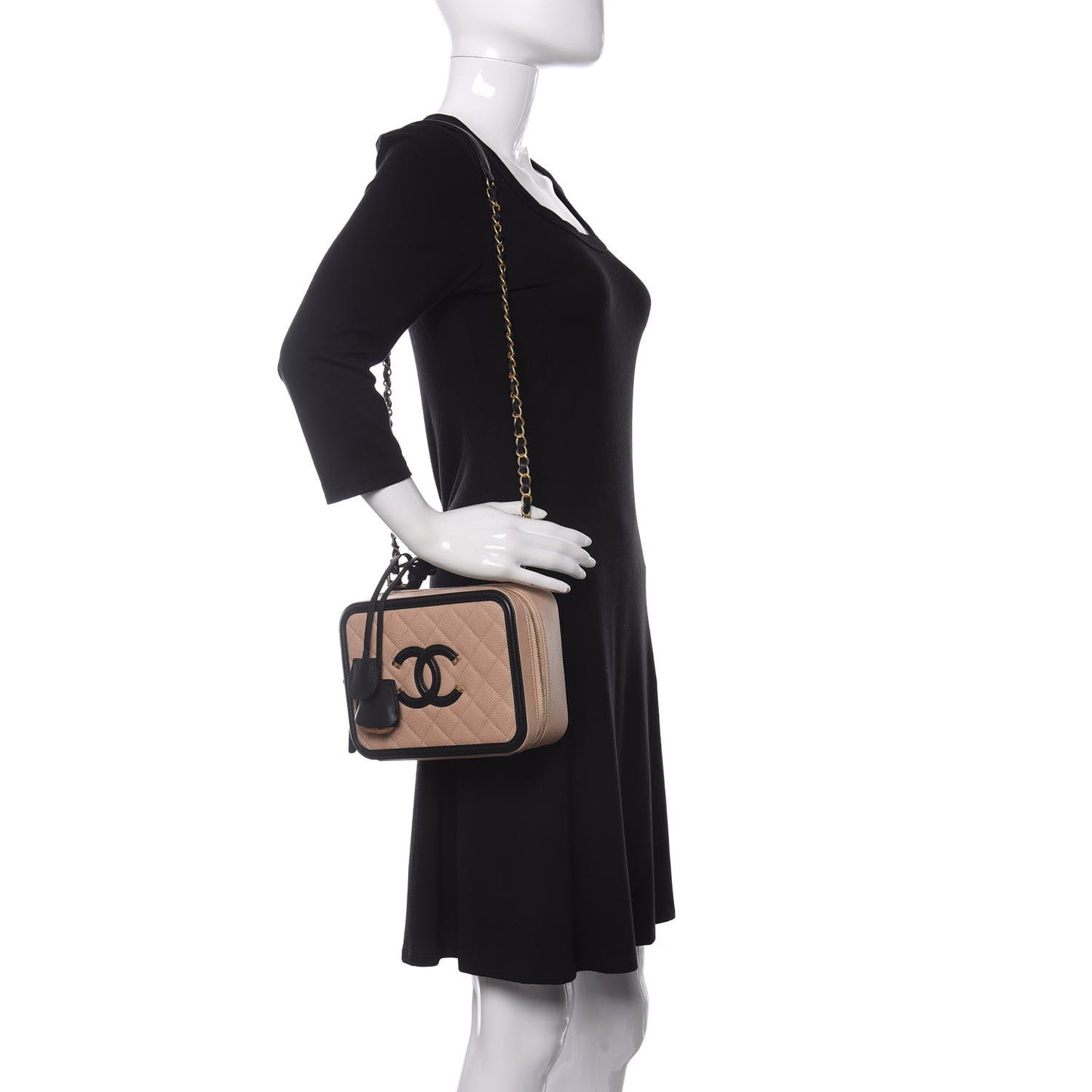 Caviar Quilted Medium CC Filigree Vanity Case Beige Black