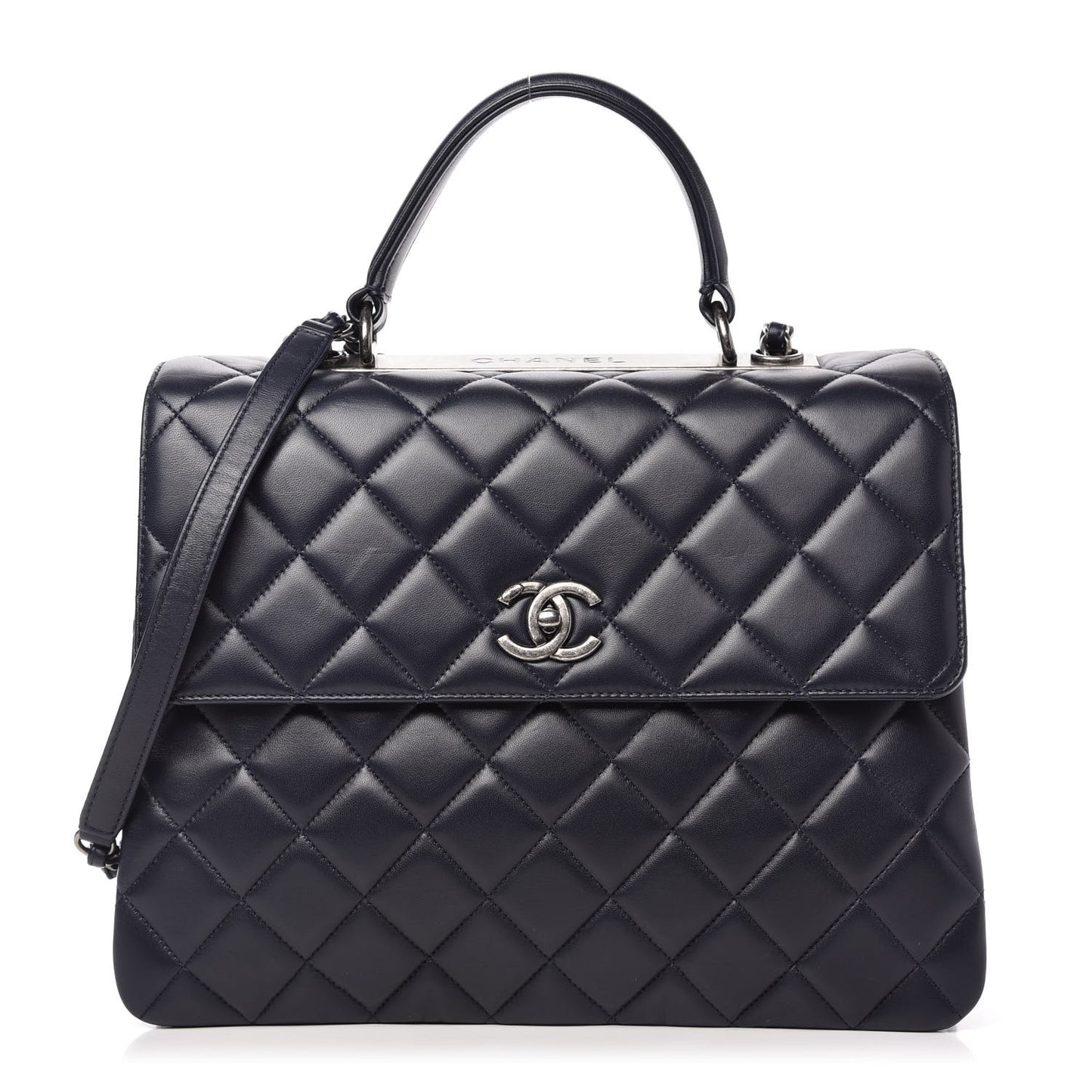Lambskin Quilted Large Trendy CC Flap Dual Handle Bag Navy