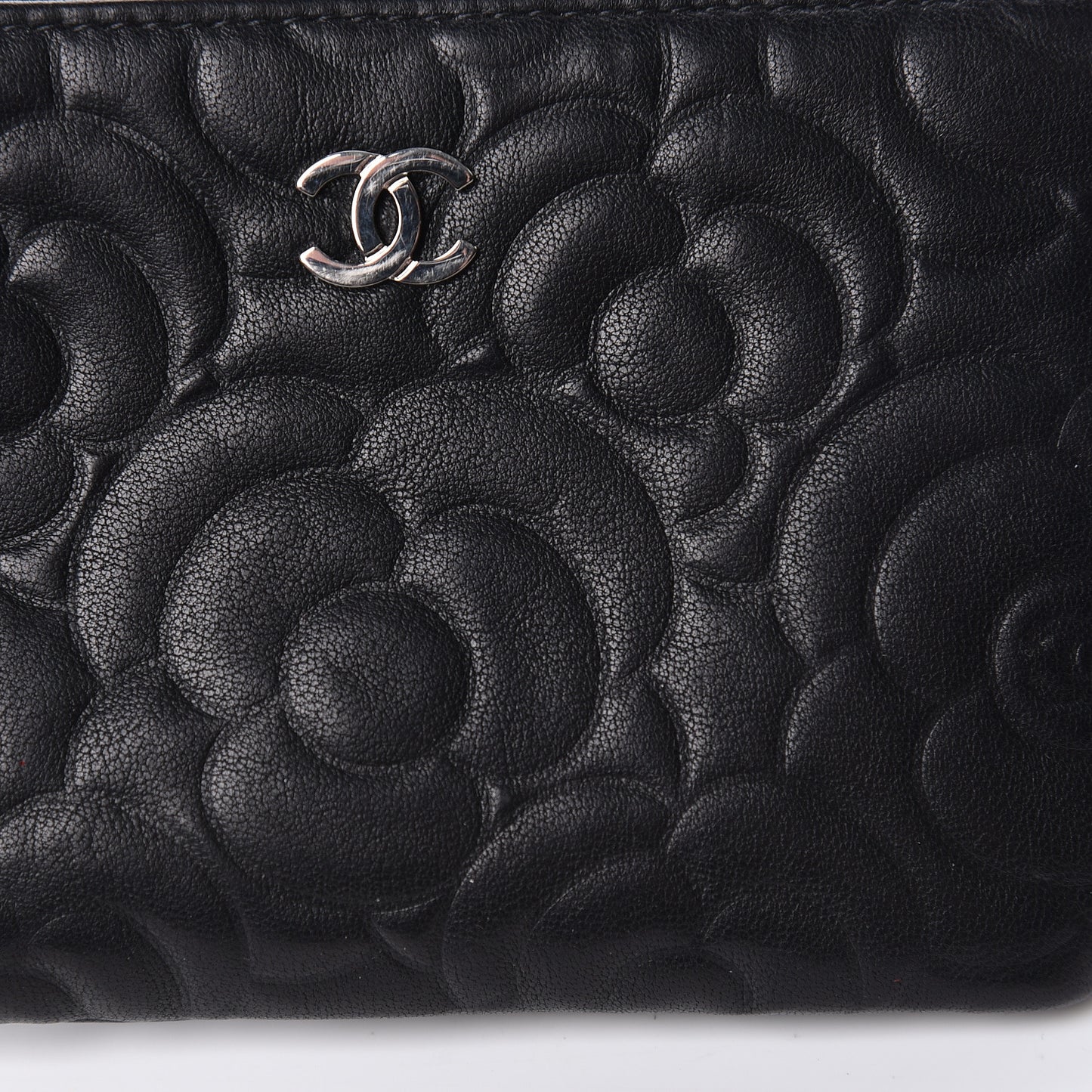 Goatskin Camellia Embossed Cosmetic Pouch Black