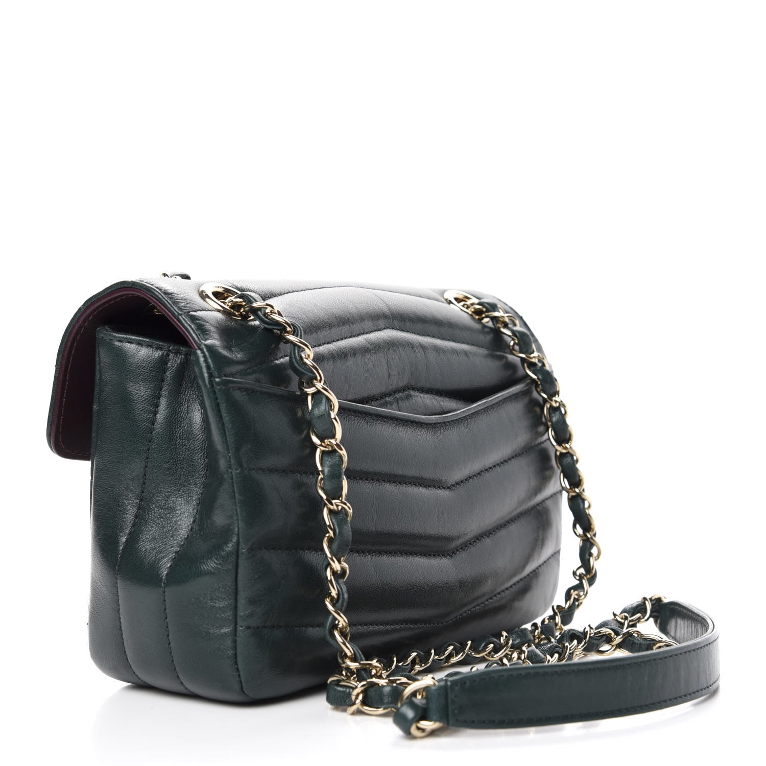 Chanel Shiny Lambskin Quilted Small Chevron Miroir Dark Green 3 of 10