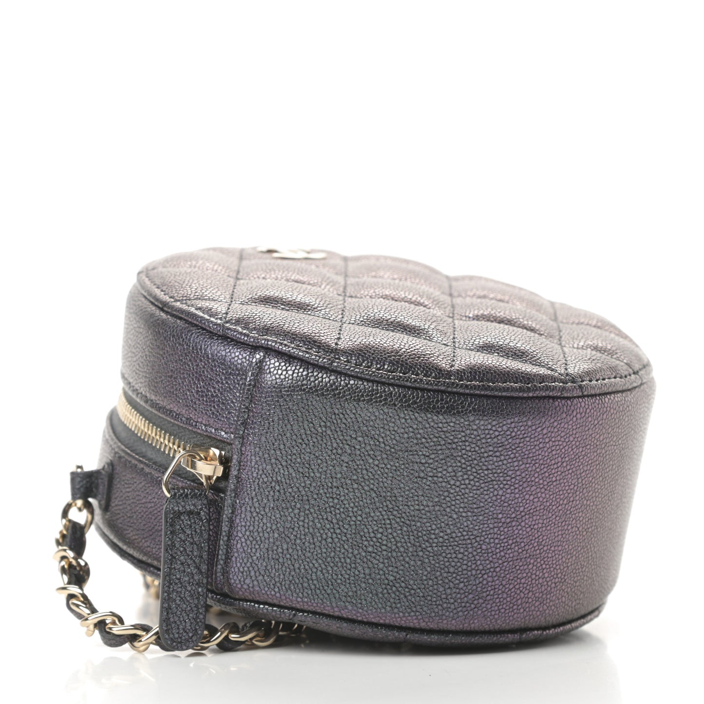 Iridescent Caviar Quilted Round Clutch With Chain Black