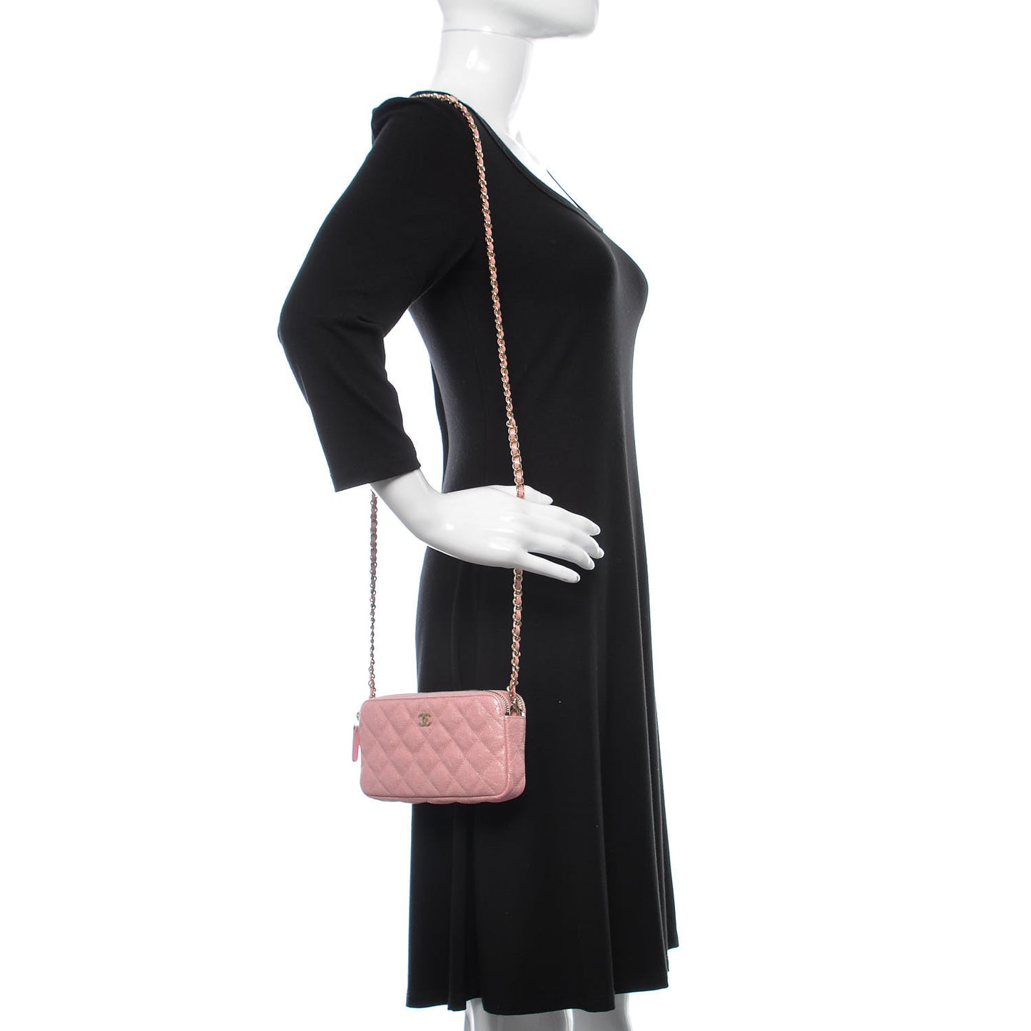 Iridescent Caviar Quilted Small Clutch With Chain Pink
