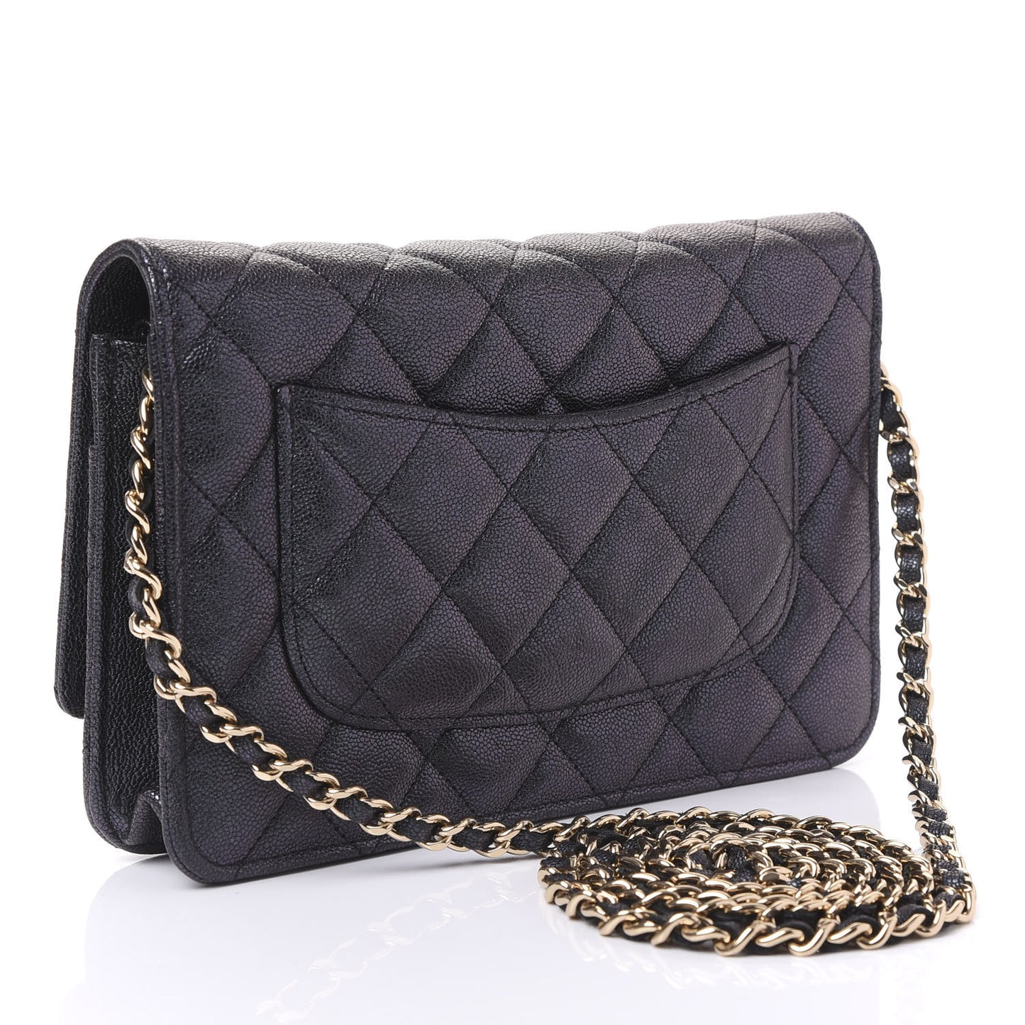 Iridescent Caviar Quilted Wallet On Chain WOC Black