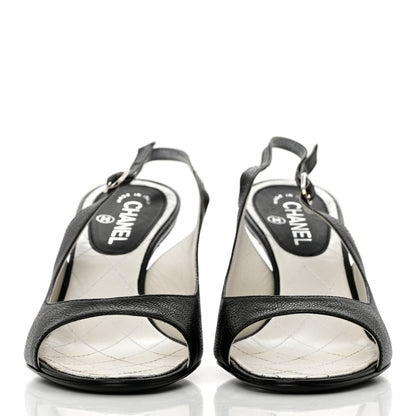 Chanel Calfskin Pearl CC Peep Toe Slingback Pumps 41 Black 2 of 8