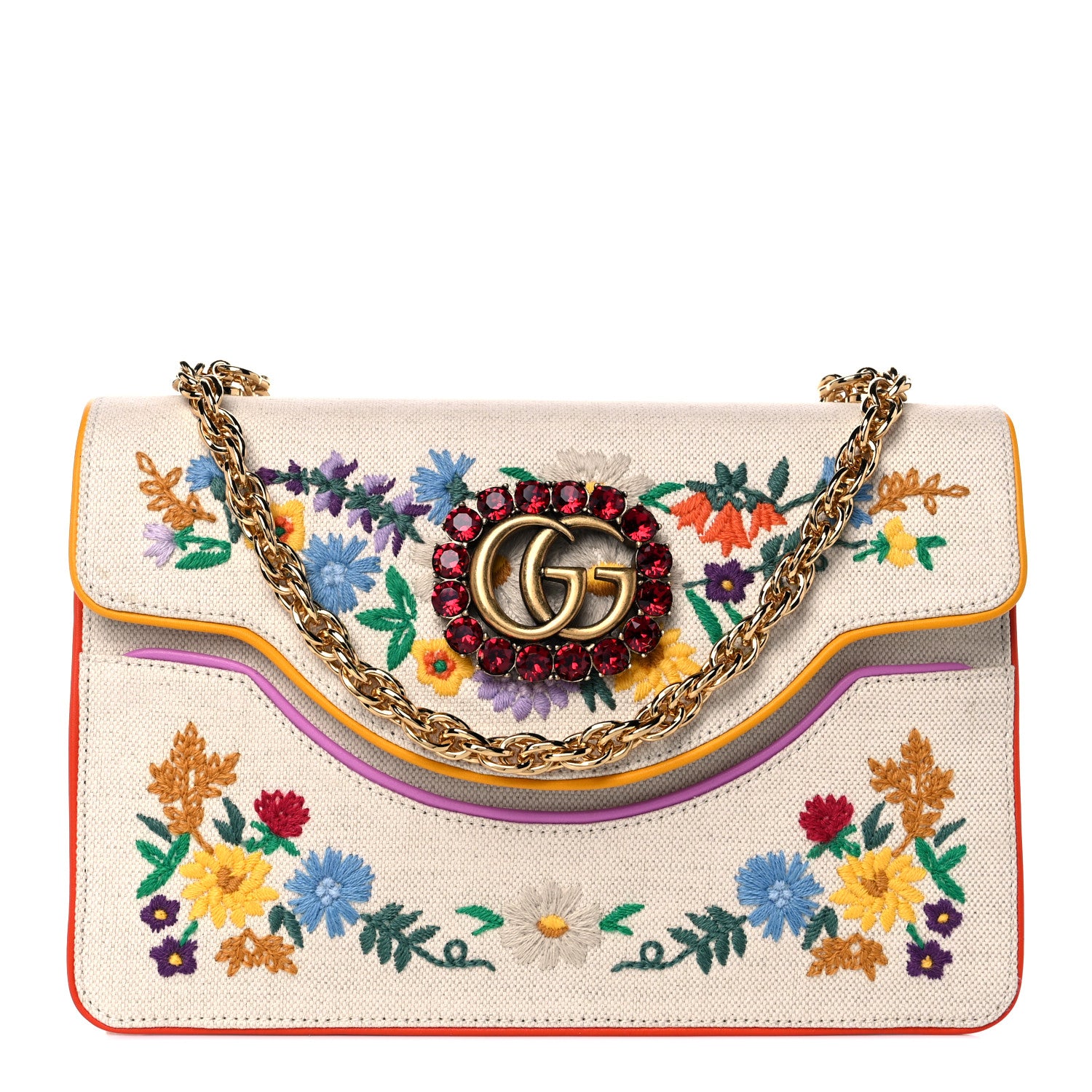 Gucci Linen Canvas Embroidered Small Shoulder Bag White 1 of 25