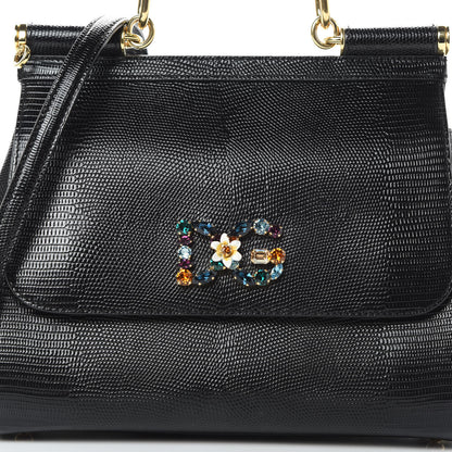 Dolce & Gabbana Stampa Iguana Crystal Medium Miss Sicily Satchel Black 7 of 9