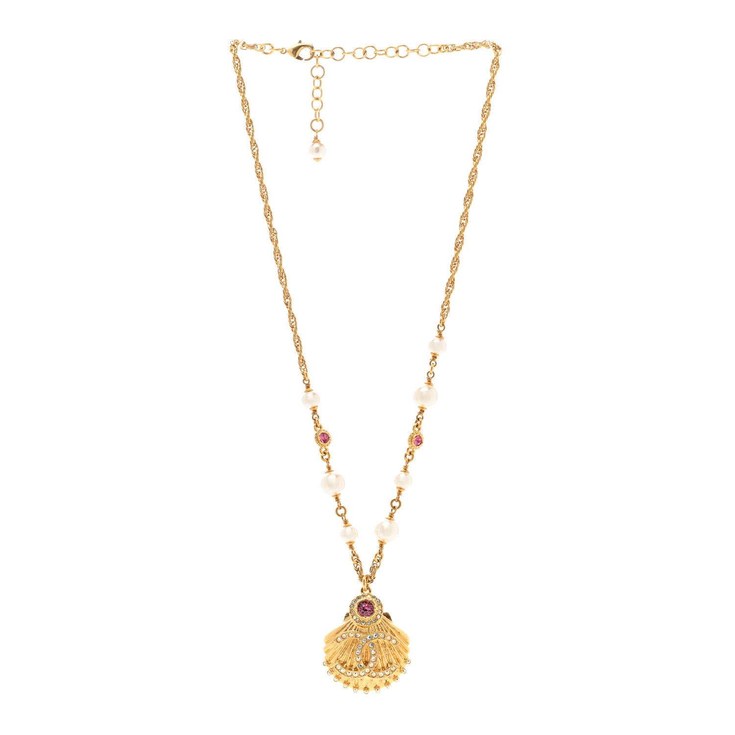 Chanel Metal Pearl Crystal CC Shell Necklace Gold Pink Multicolor 3 of 6