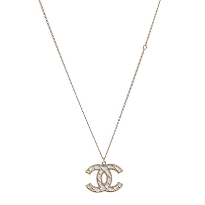 Chanel Metal Quilted CC Pendant Necklace Gold White 1 of 6