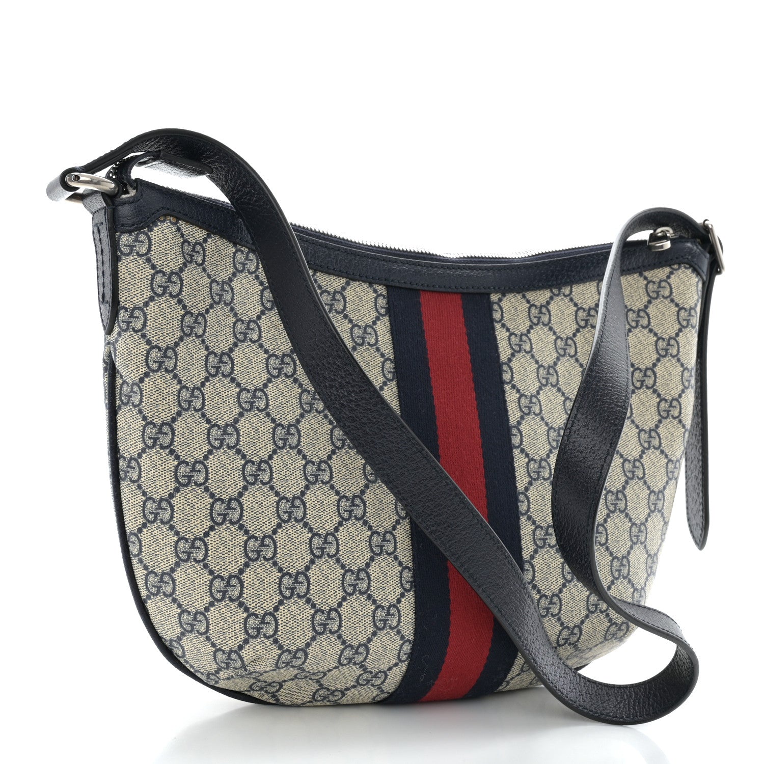 Gucci GG Supreme Monogram Textured Dollar Calfskin Web Small Ophidia Half Moon Hobo Beige Blue 3 of 10