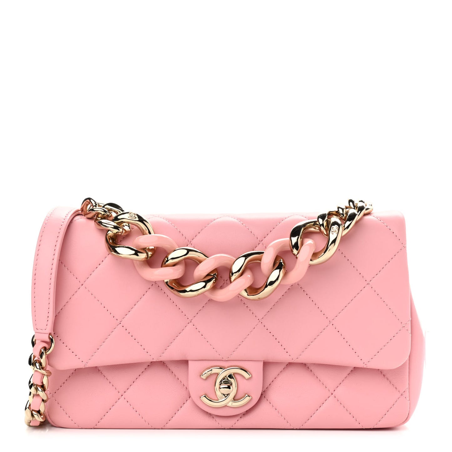 Lambskin Quilted Resin Bi-Color Chain Flap Bag Pink