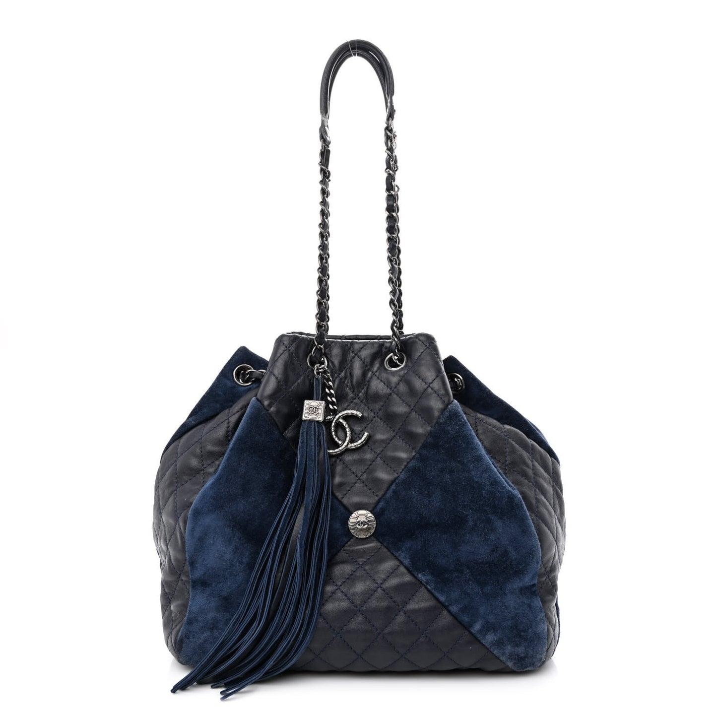 Goatskin Suede Calfskin Quilted Patchwork Drawstring Bag Blue