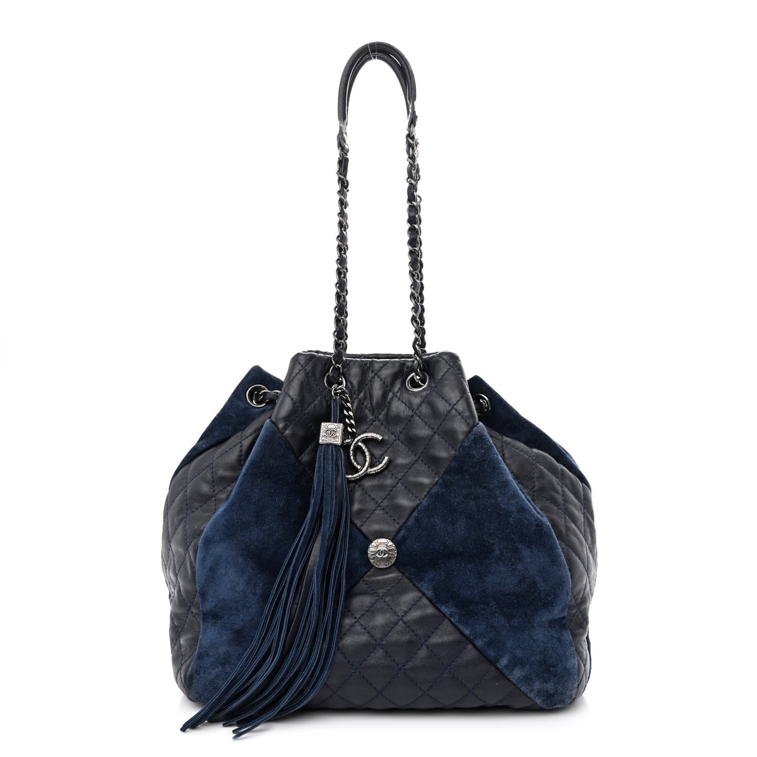 Chanel Goatskin Suede Calfskin Quilted Patchwork Drawstring Bag Blue 1 of 11