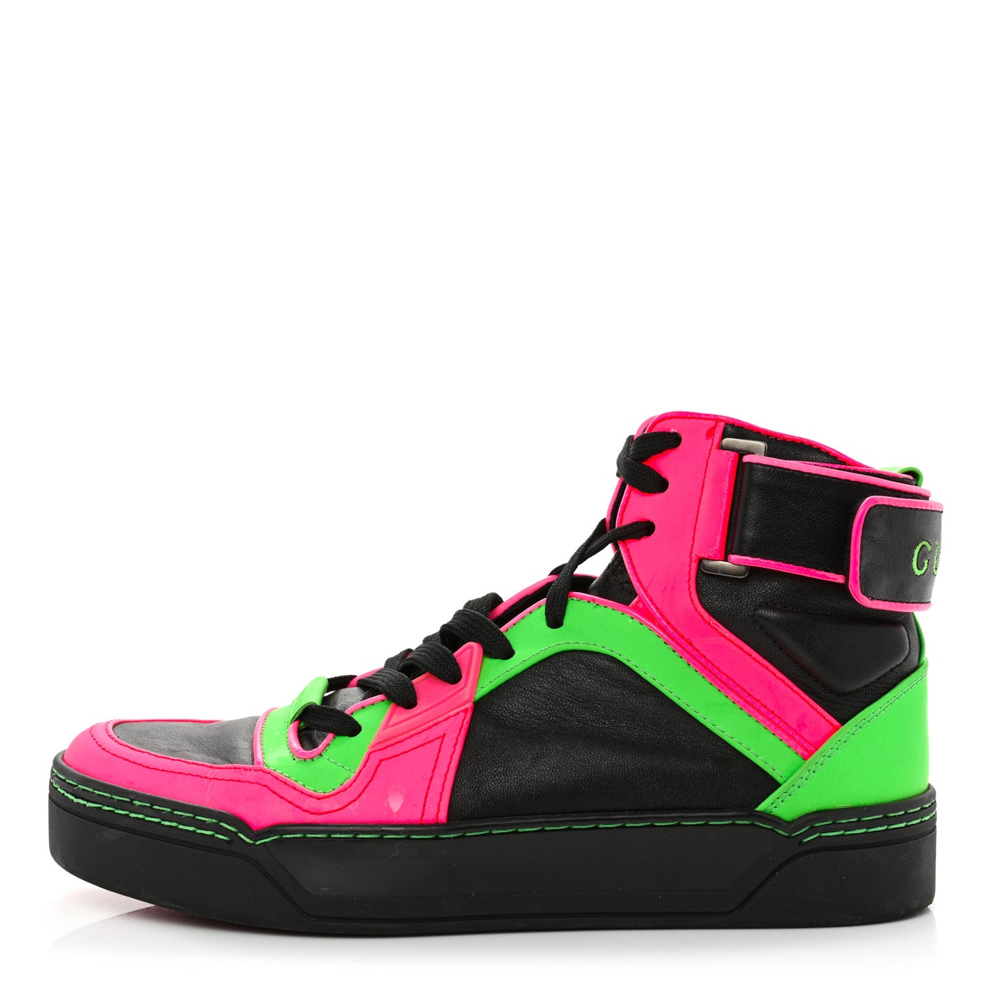 Calfskin Womens Neon High Top Sneakers 37 Black Neon Green Pink