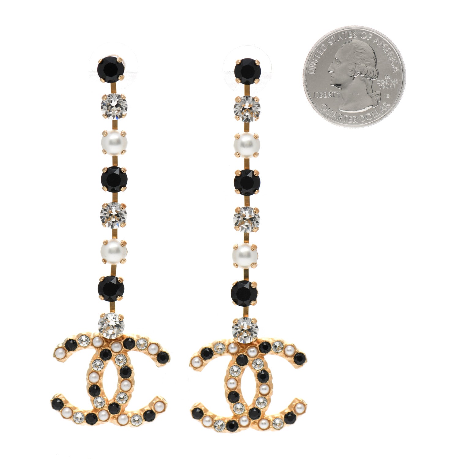 Chanel Resin Crystal Pearl CC Long Drop Earrings Gold Black 2 of 6