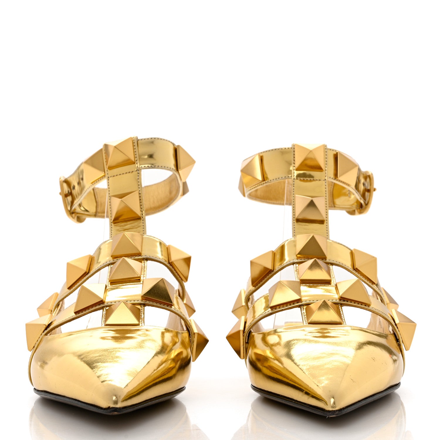 Valentino Garavani Metallic Patent Roman Stud Ankle Strap Flat Mules 38.5 Antique Brass 2 of 8