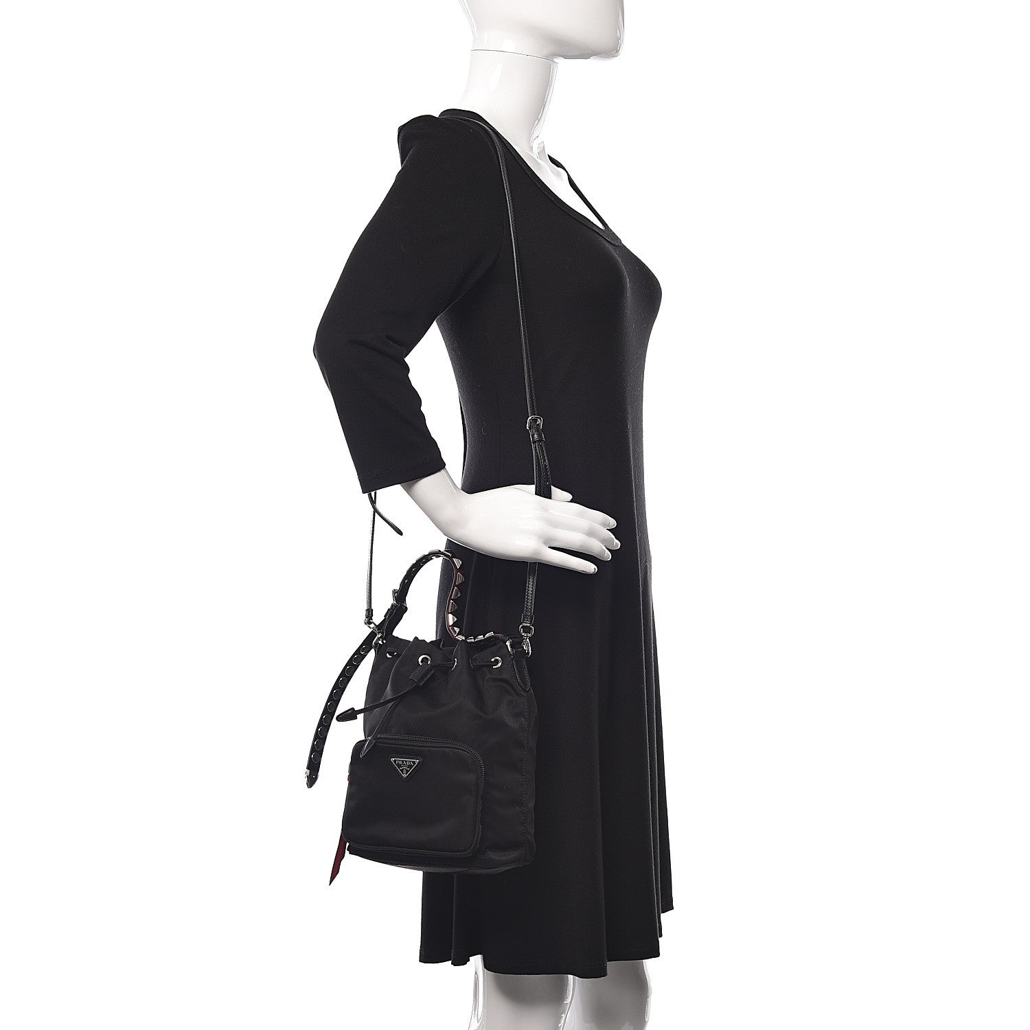 Prada Tessuto Nylon Studded New Vela Mini Bucket Crossbody Bag Black Fuoco 2 of 10
