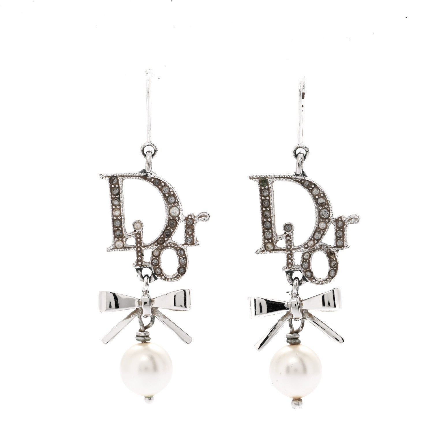 Christian Dior Crystal Pearl Bow Earrings Silver 1723818