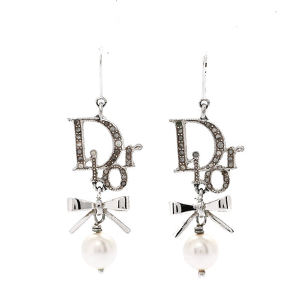 Christian Dior Crystal Pearl Bow Earrings Silver 1 of 4