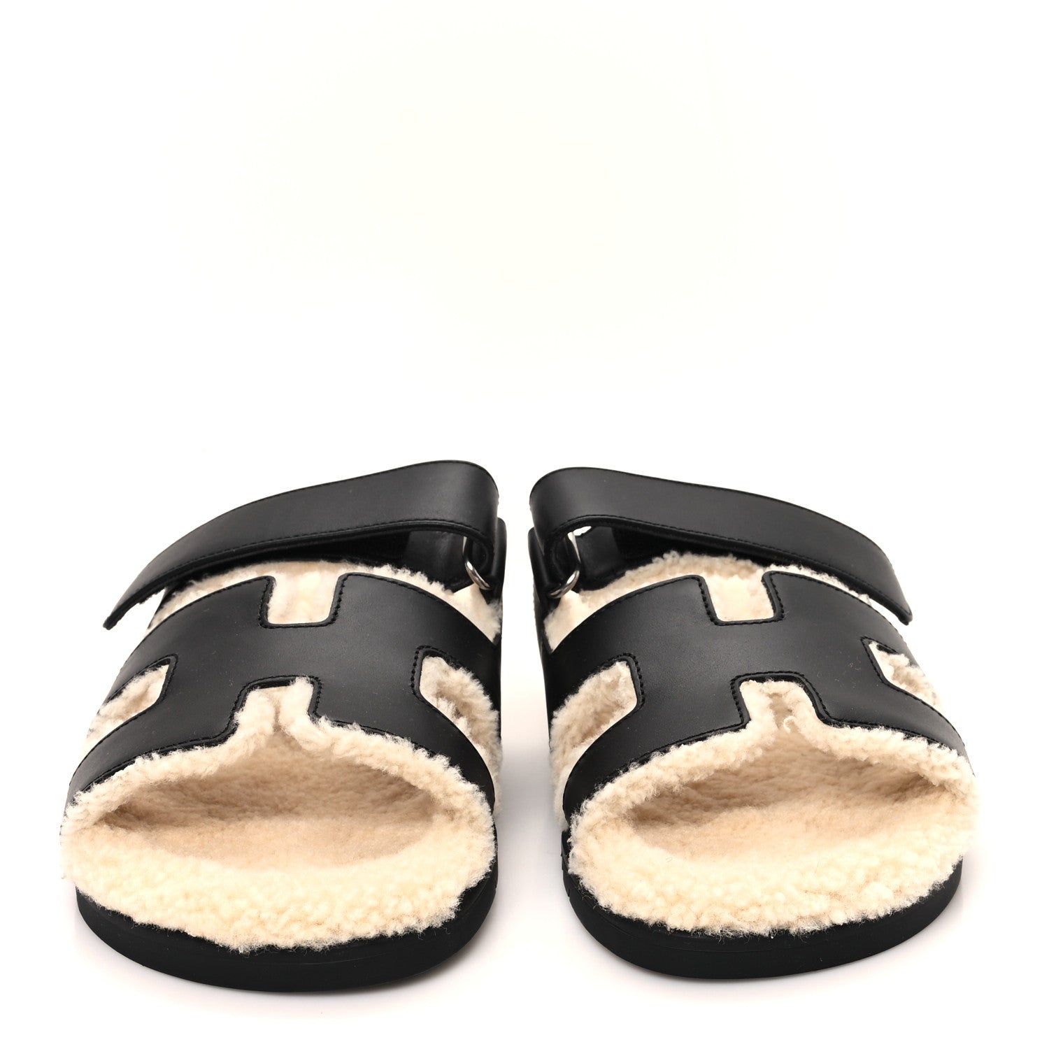 Hermes Calfskin Woolskin Womens Chypre Sandals 38 Black Ecru 3 of 9
