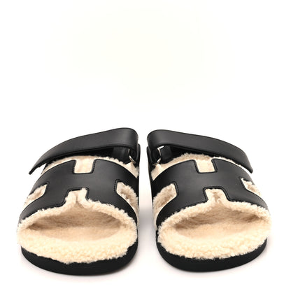 Hermes Calfskin Woolskin Womens Chypre Sandals 38 Black Ecru 3 of 9