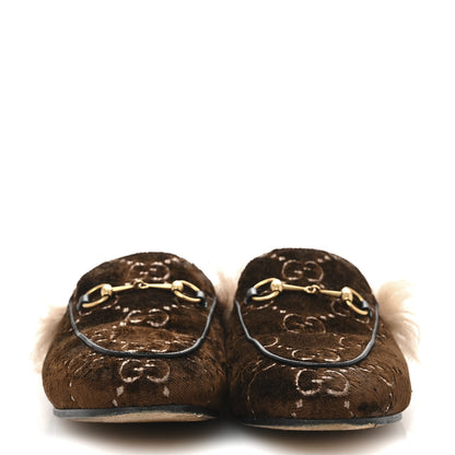 Gucci Velvet GG Monogram Fur Womens Princetown Slippers 40 Brown Black Natural 3 of 8