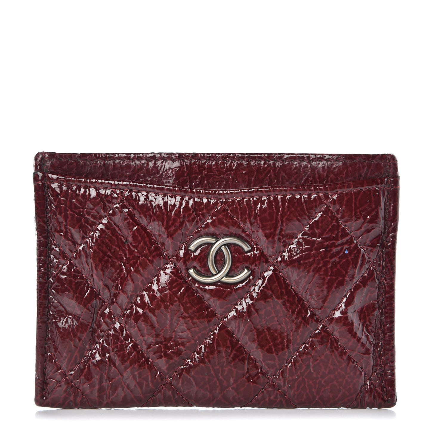 Distressed Patent Quilted Card Holder Bordeaux