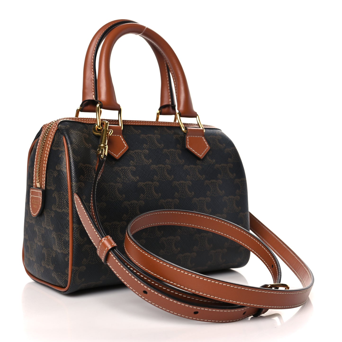 Triomphe Canvas Calfskin Small Boston Bag Tan