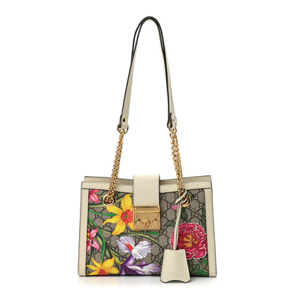Gucci GG Supreme Monogram Flora Textured Calfskin Small Padlock Tote Beige Ebony Multicolor Mystic White 1 of 11