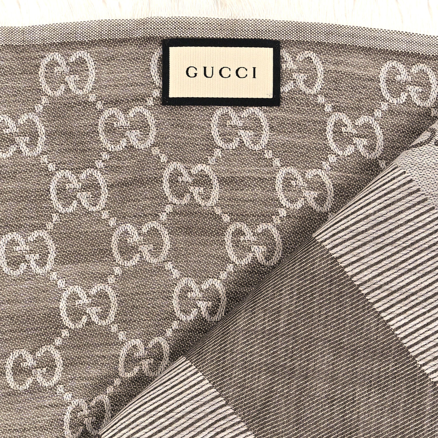 Gucci Wool Silk Monogram GGWeb Fringe Shawl Bitume Ivory 2 of 3