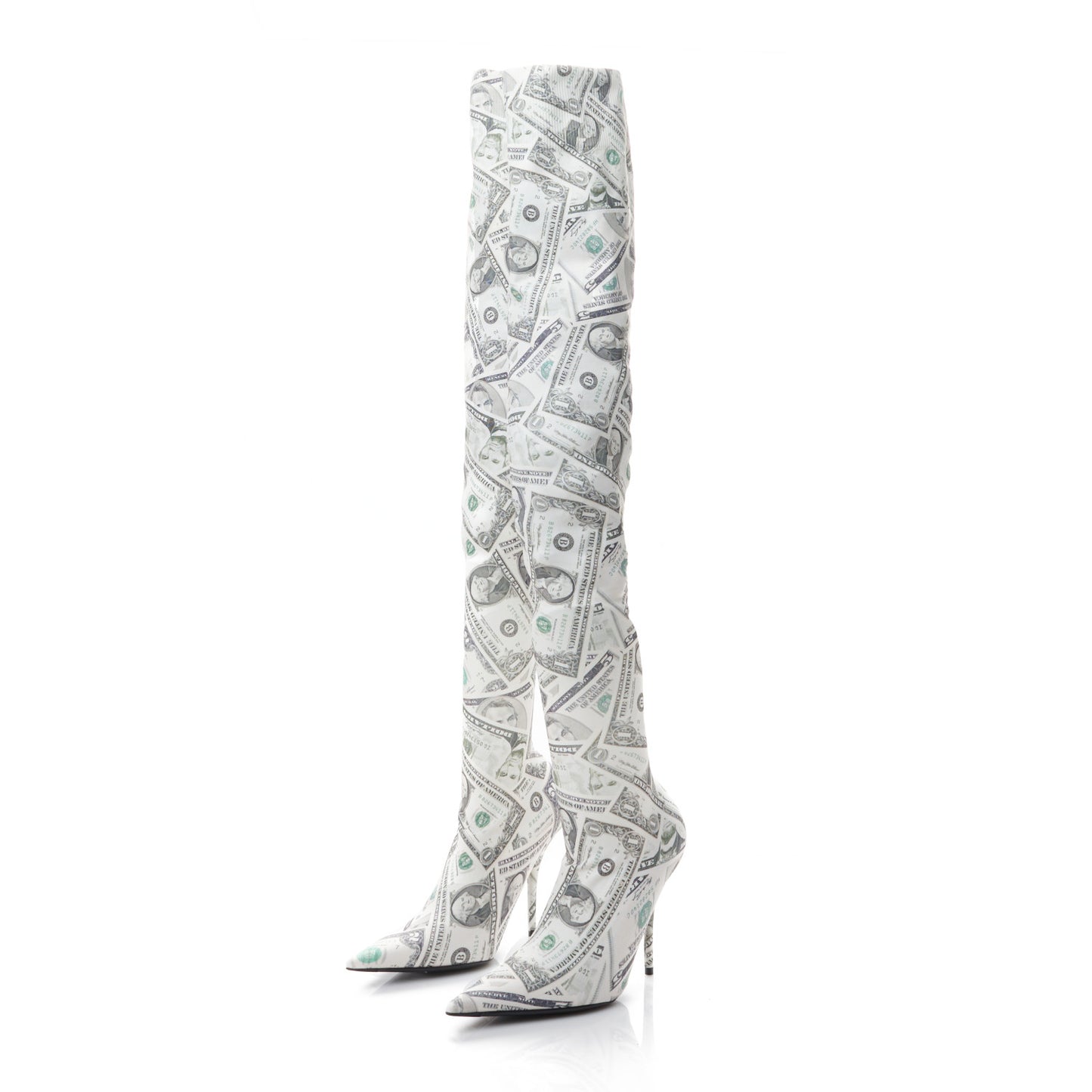 Spandex Dollars Print Pointed Toe Knife Thigh High Boots 36.5 Green