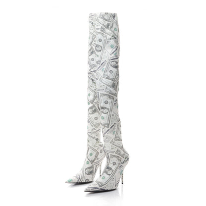 Balenciaga Spandex Dollars Print Pointed Toe Knife Thigh High Boots 36.5 Green 3 of 7