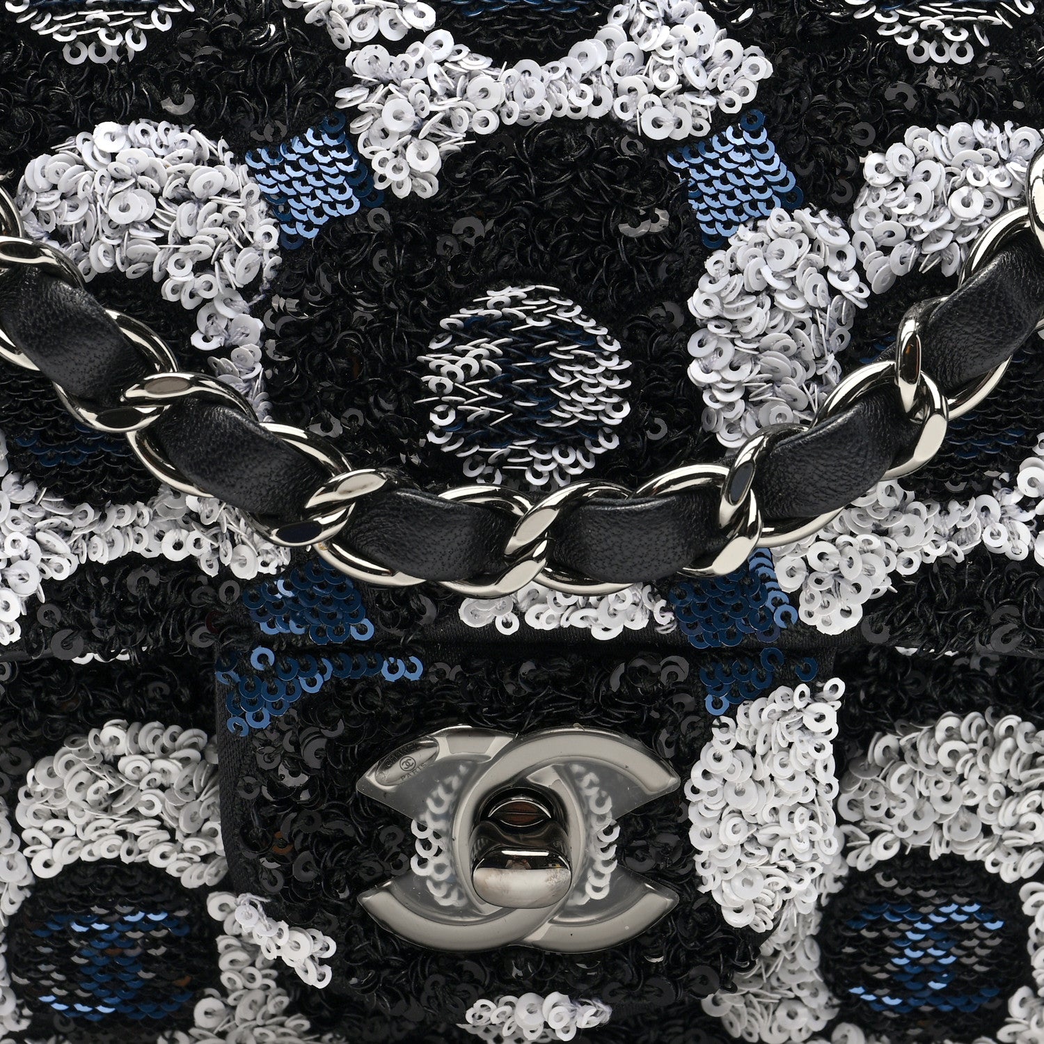 Chanel Satin Sequin Embellished Flower Mini Rectangular Flap Black