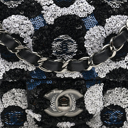 Chanel Satin Sequin Embellished Flower Mini Rectangular Flap Black White Blue 8 of 10