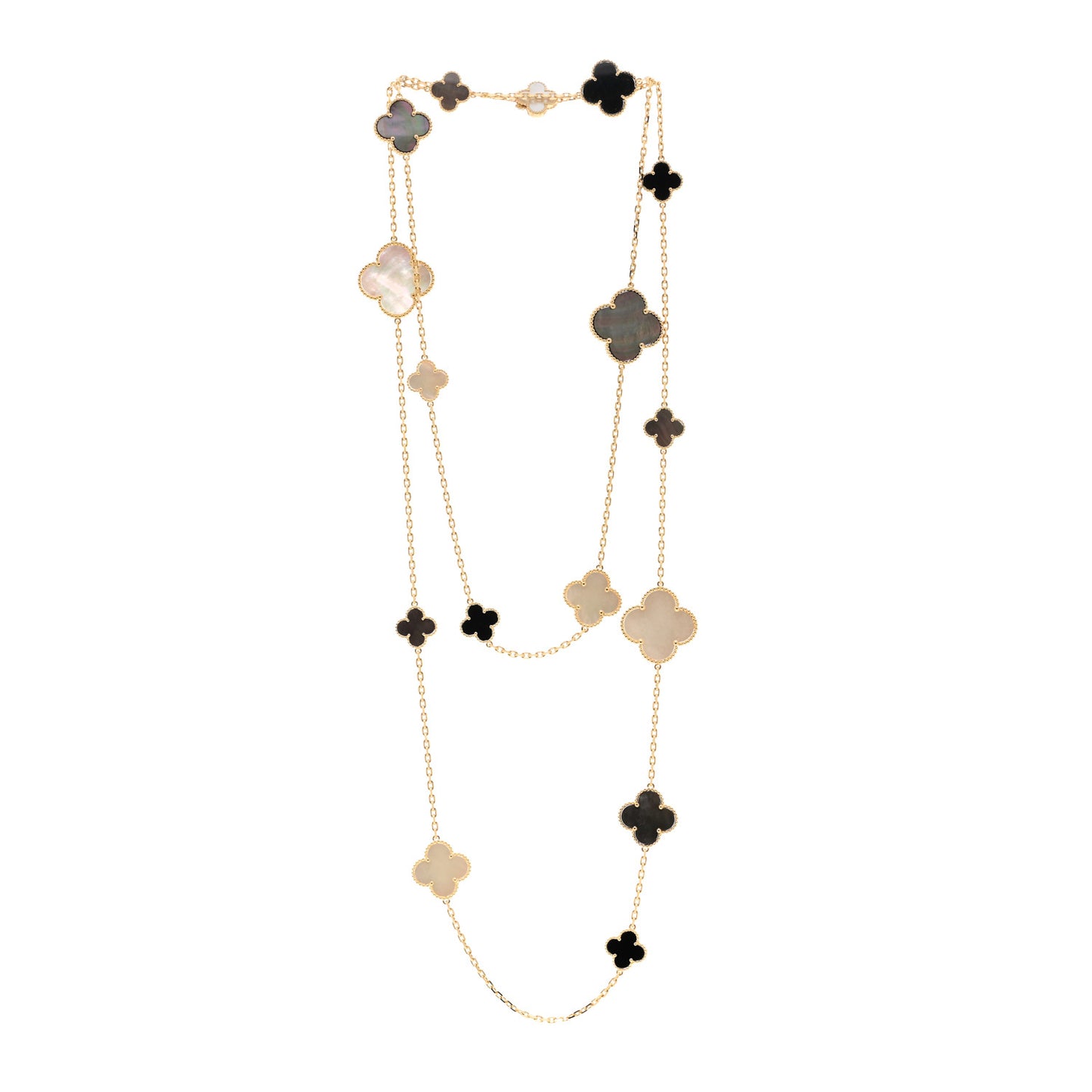 18K Yellow Gold Onyx Mother of Pearl 16 Motifs Magic Alhambra Necklace