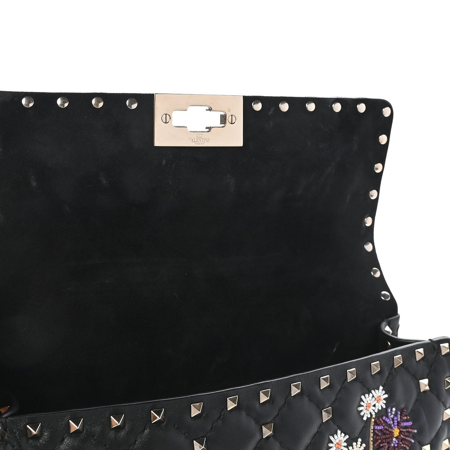 Lambskin Medium Floral Embellished Rockstud Spike Shoulder Bag Black
