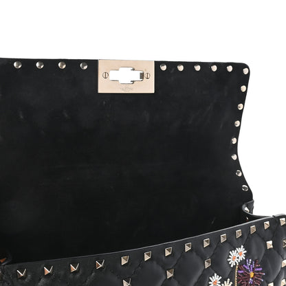 Valentino Garavani Lambskin Medium Floral Embellished Rockstud Spike Shoulder Bag Black 9 of 9