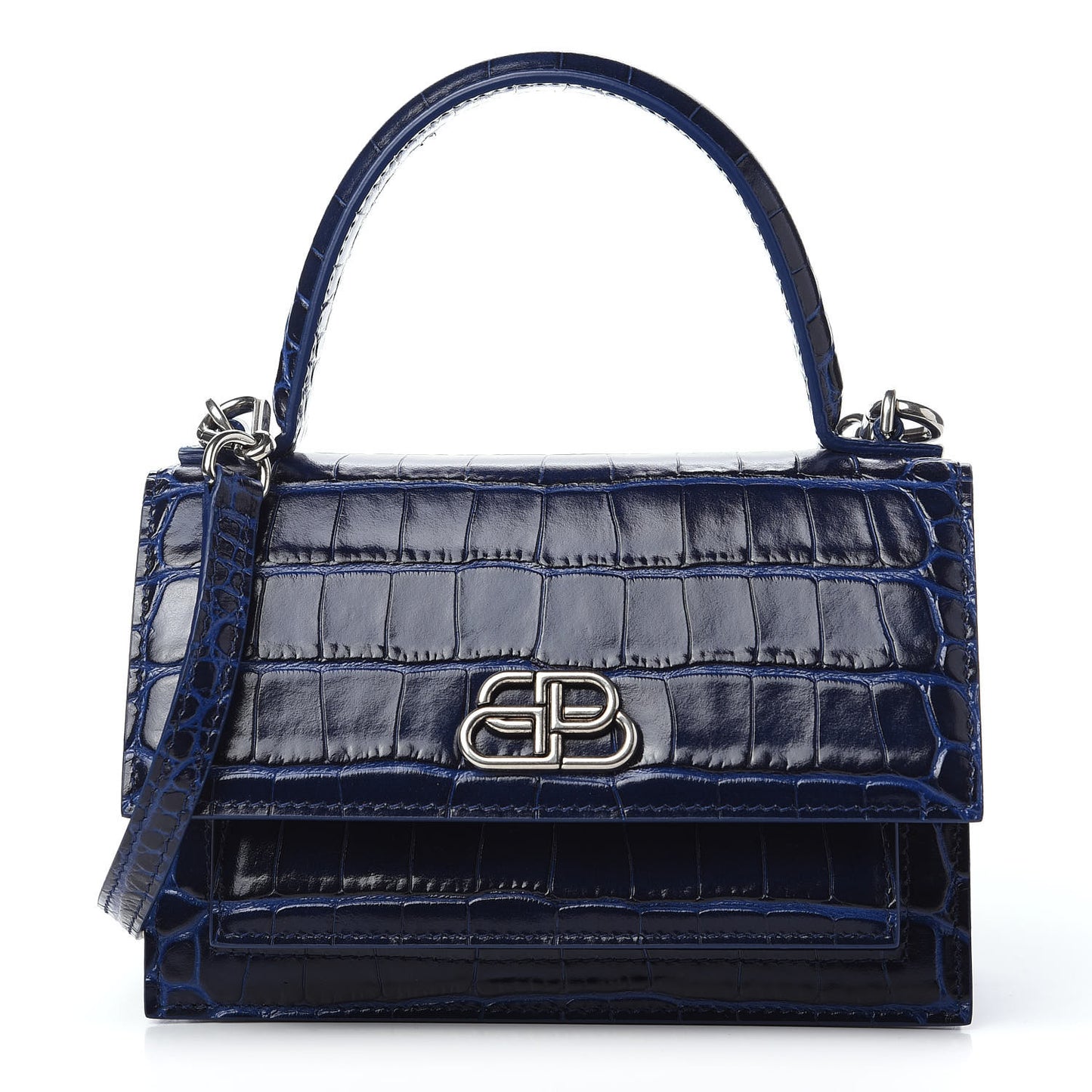 Shiny Calfskin Crocodile Embossed XS Sharp Top Handle Bag Navy