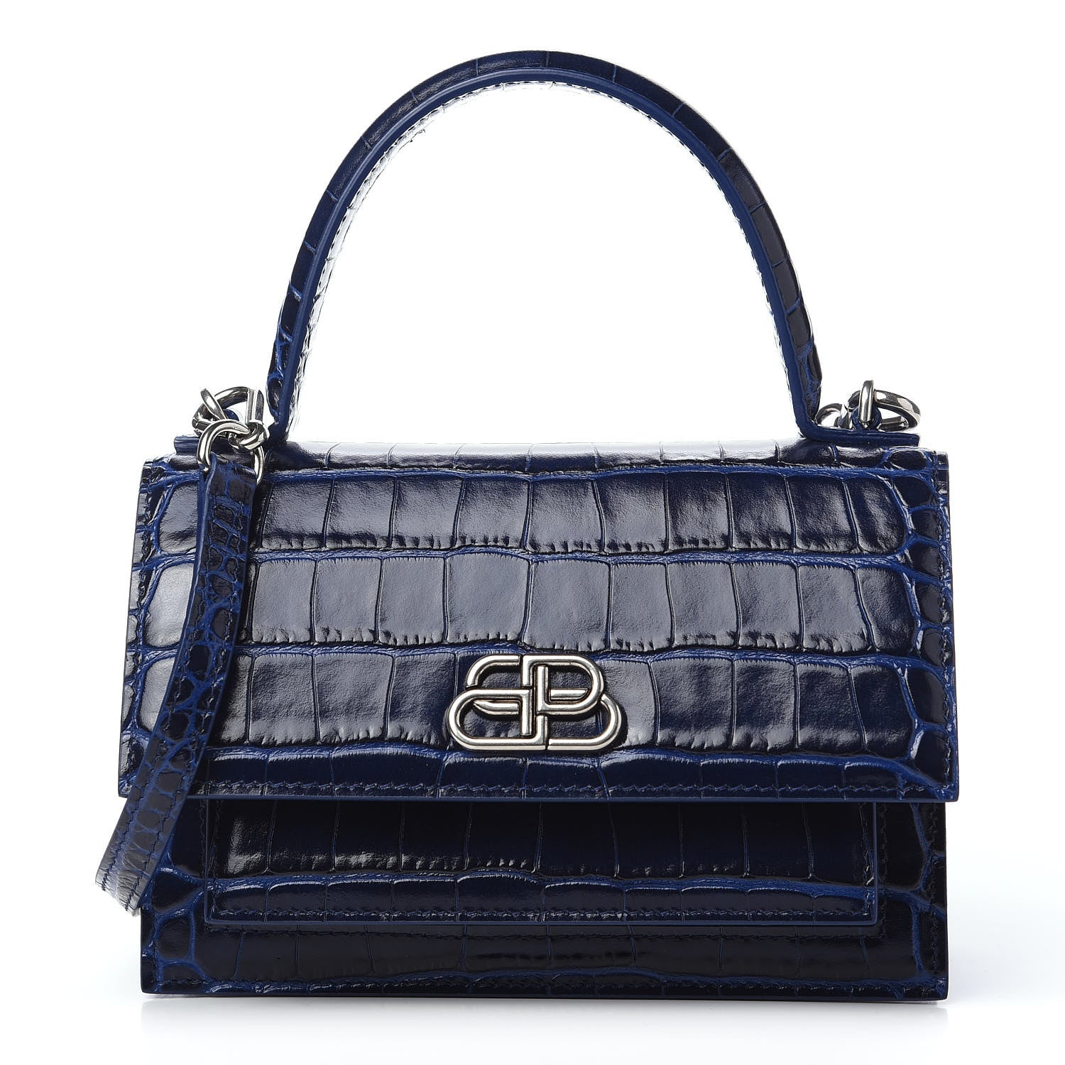 Balenciaga Shiny Calfskin Crocodile Embossed XS Sharp Top Handle Bag Navy 1 of 7