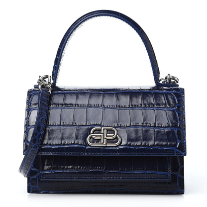 Balenciaga Shiny Calfskin Crocodile Embossed XS Sharp Top Handle Bag Navy 1 of 7