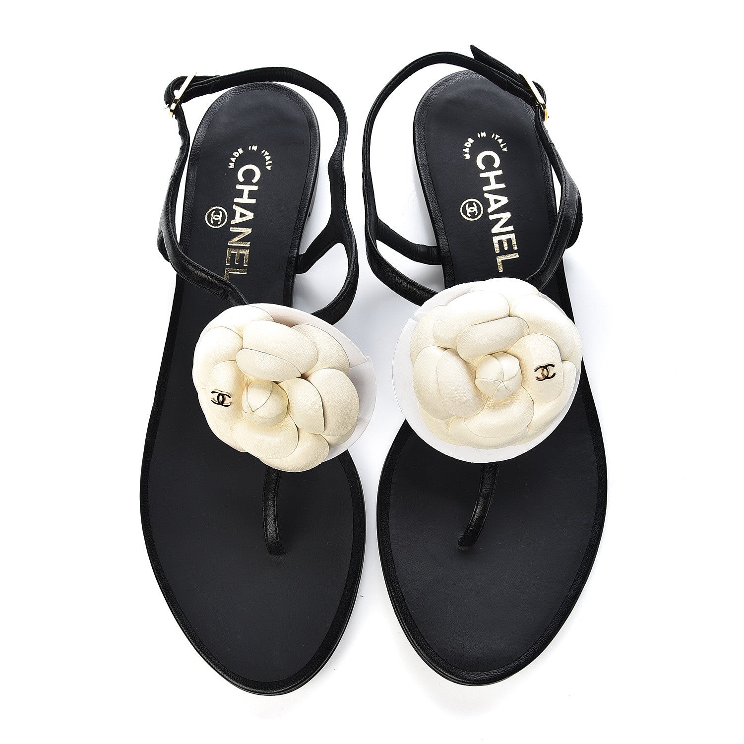 Chanel Lambskin Camellia Thong Sandals 41 Black White 10 of 10