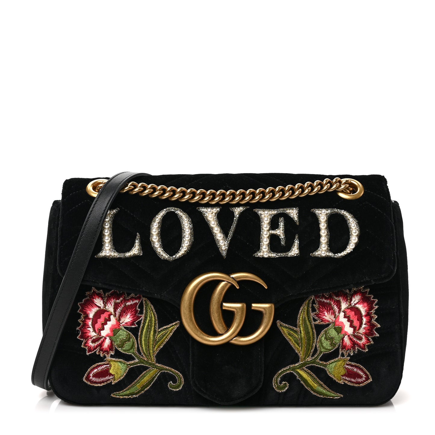 Velvet Matelasse Loved Embroidered Medium GG Marmont Shoulder Bag Black