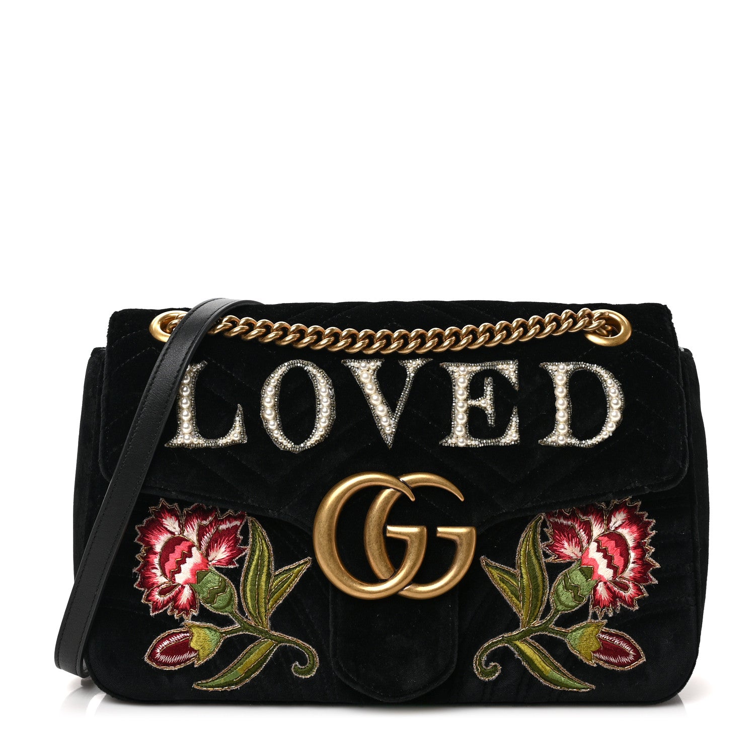 Gucci Velvet Matelasse Loved Embroidered Medium GG Marmont Shoulder Bag Black 1 of 9