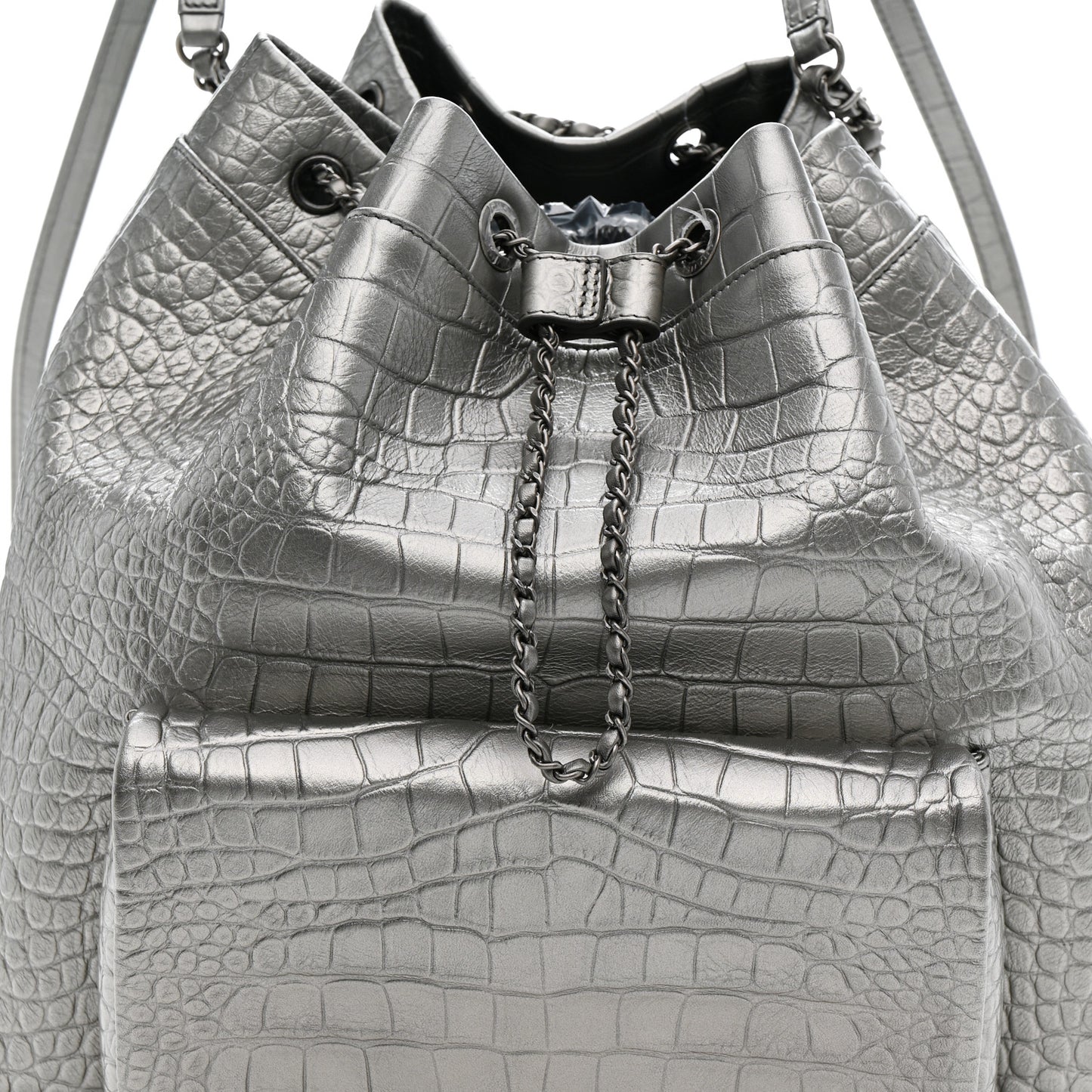 Metallic Calfskin Crocodile Embossed Large Backpack Silver
