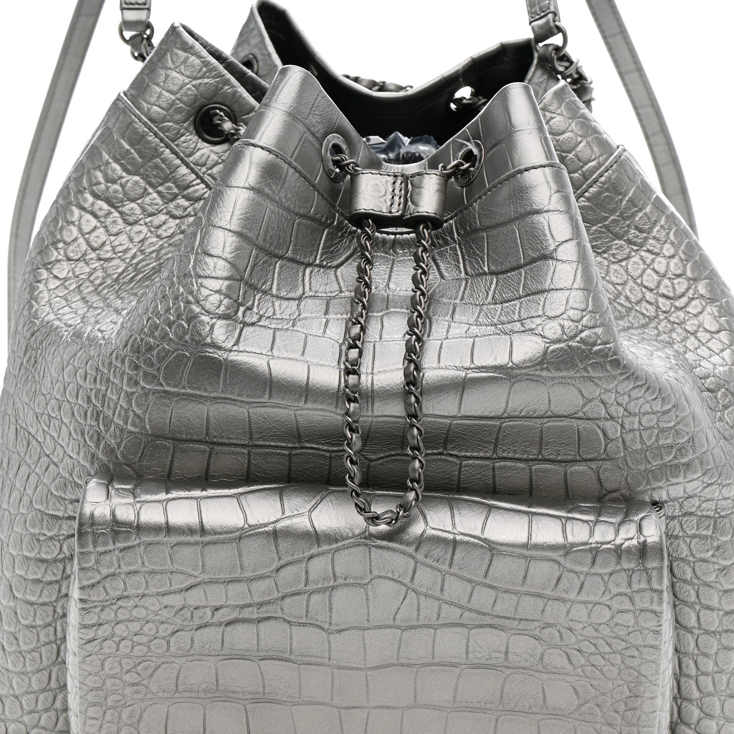 Chanel Metallic Calfskin Crocodile Embossed Large Backpack Silver 8 of 10