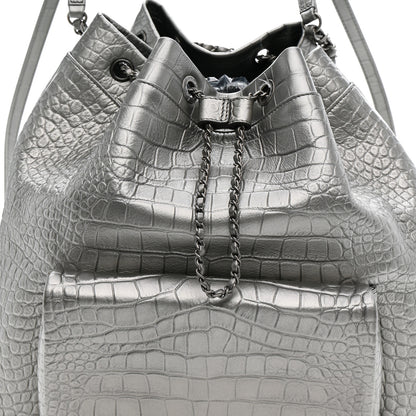 Chanel Metallic Calfskin Crocodile Embossed Large Backpack Silver 8 of 10